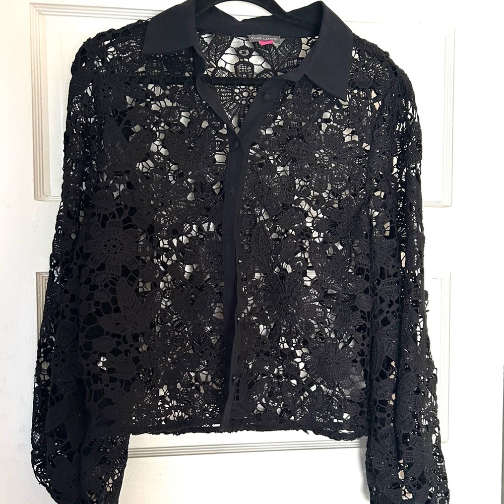 Vince Camuto Black Embellished Crop Blouse with Notched Collar